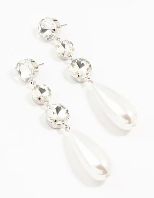 Rhodium Multiple Diamantes & Pearl Drop Earrings