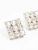 Rhodium Circular Diamante Square Statement Studs