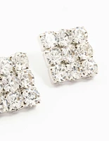 Rhodium Circular Diamante Square Statement Studs