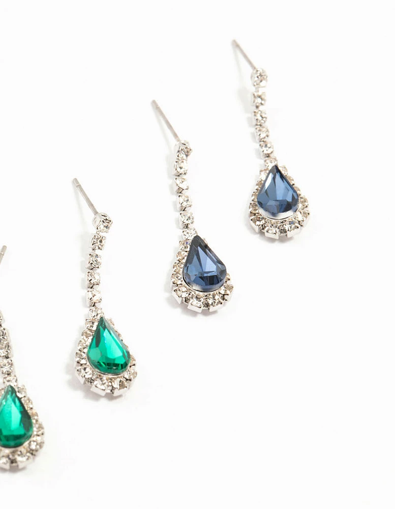 Silver Teardrop Diamante Drop Earrings 3-Pack