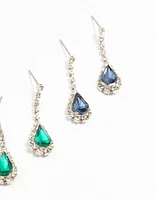 Silver Teardrop Diamante Drop Earrings 3-Pack