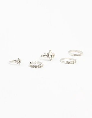 Silver Mixed Diamante Rings 5-Pack