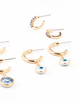 Gold Evil Eye Drop Hoop Earrings 6-Pack