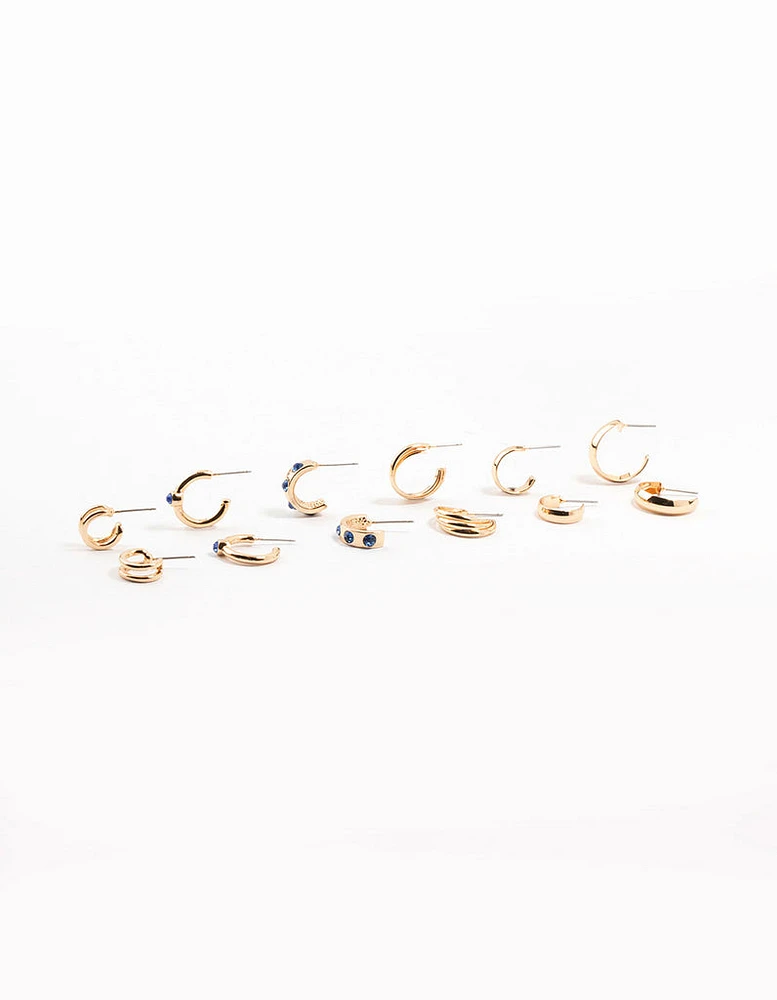 Gold Bezel Diamante Hoop Earrings 6-Pack