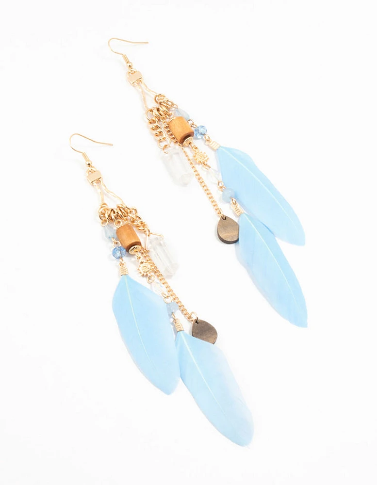 Gold Bug Shard Feather Chain Drop Earrings