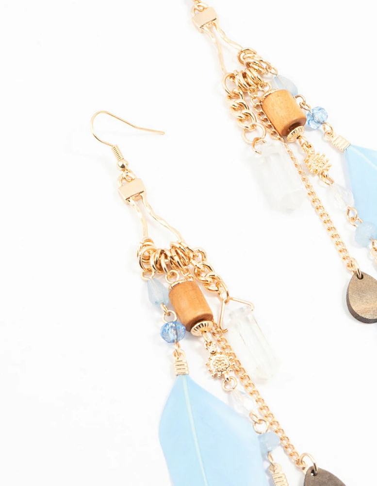 Gold Bug Shard Feather Chain Drop Earrings