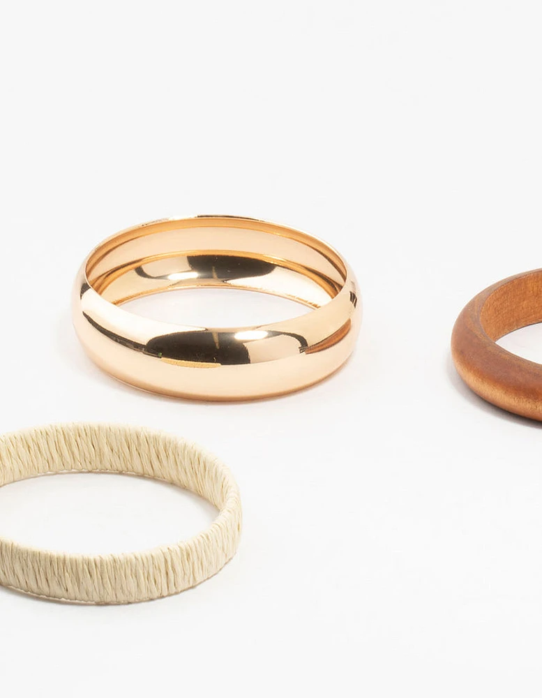 Gold Raffia & Wood Bangles 3-Pack