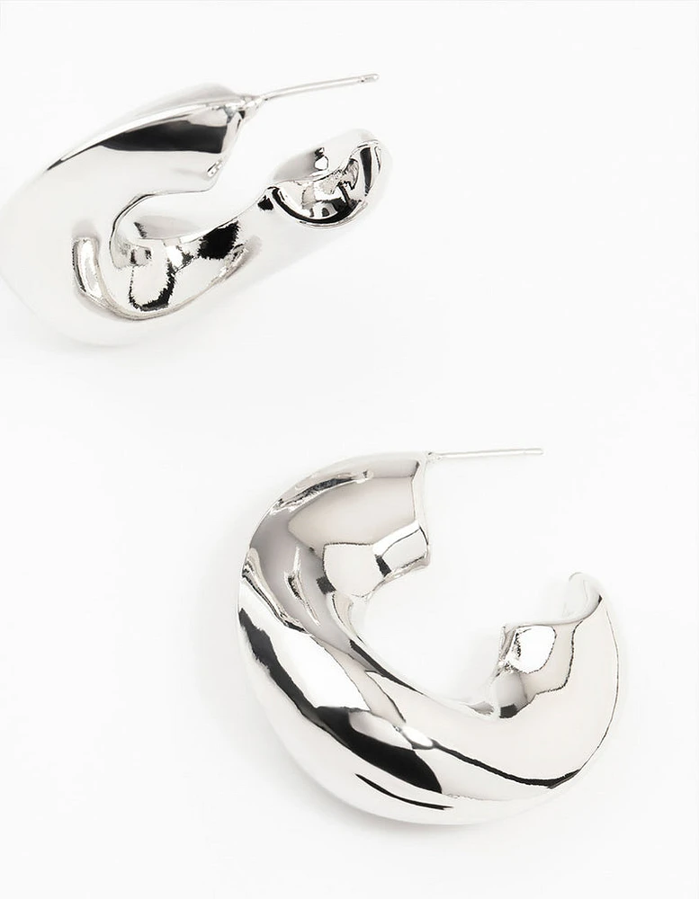 Rhodium Melted Wave Hoop Earrings