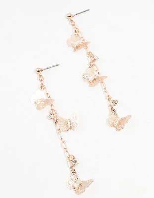 Rose Gold Butterfly Diamante Drop Earrings