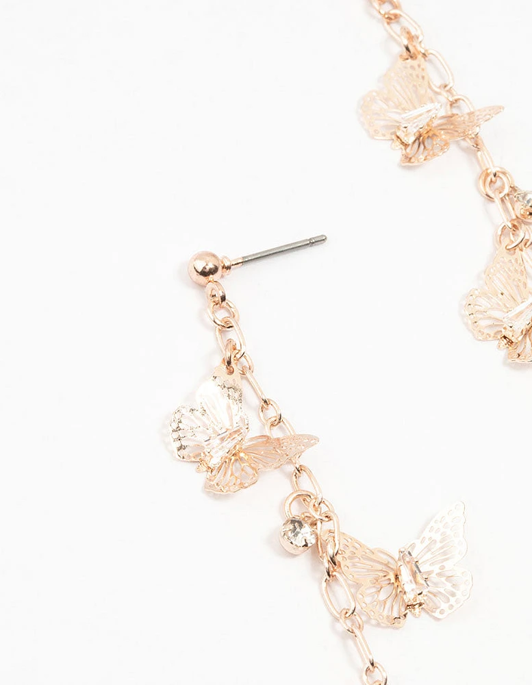 Rose Gold Butterfly Diamante Drop Earrings