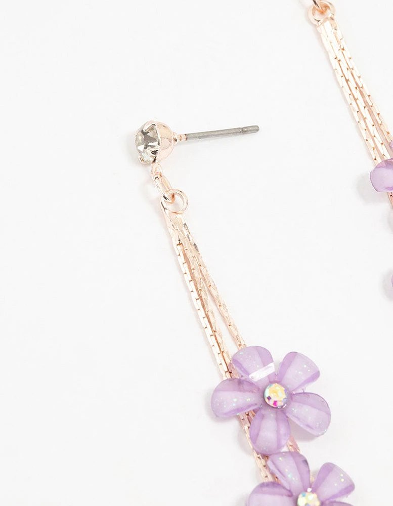 Rose Gold Purple Floating Flower Drop Earrings