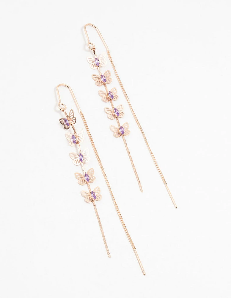 Rose Gold Butterfly Purple Cubic Zirconia Drop Earrings