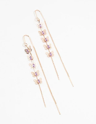 Rose Gold Butterfly Purple Cubic Zirconia Drop Earrings