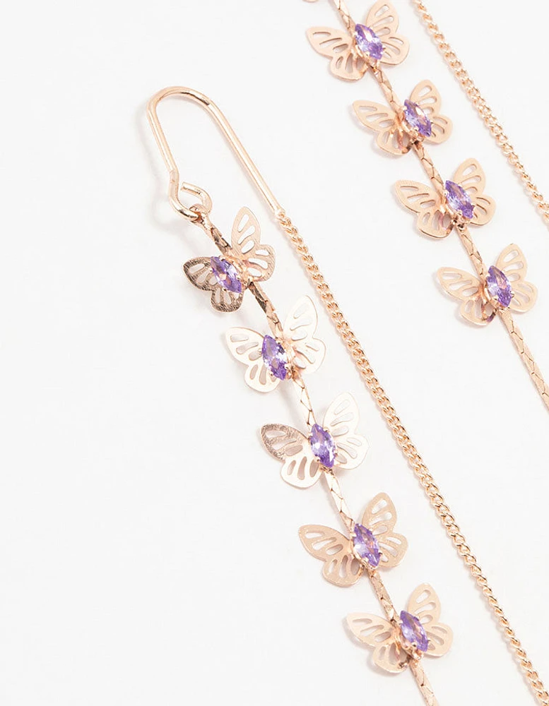 Rose Gold Butterfly Purple Cubic Zirconia Drop Earrings