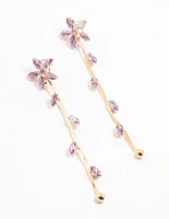 Gold Purple Cubic Zirconia Flower Vine Drop Earrings