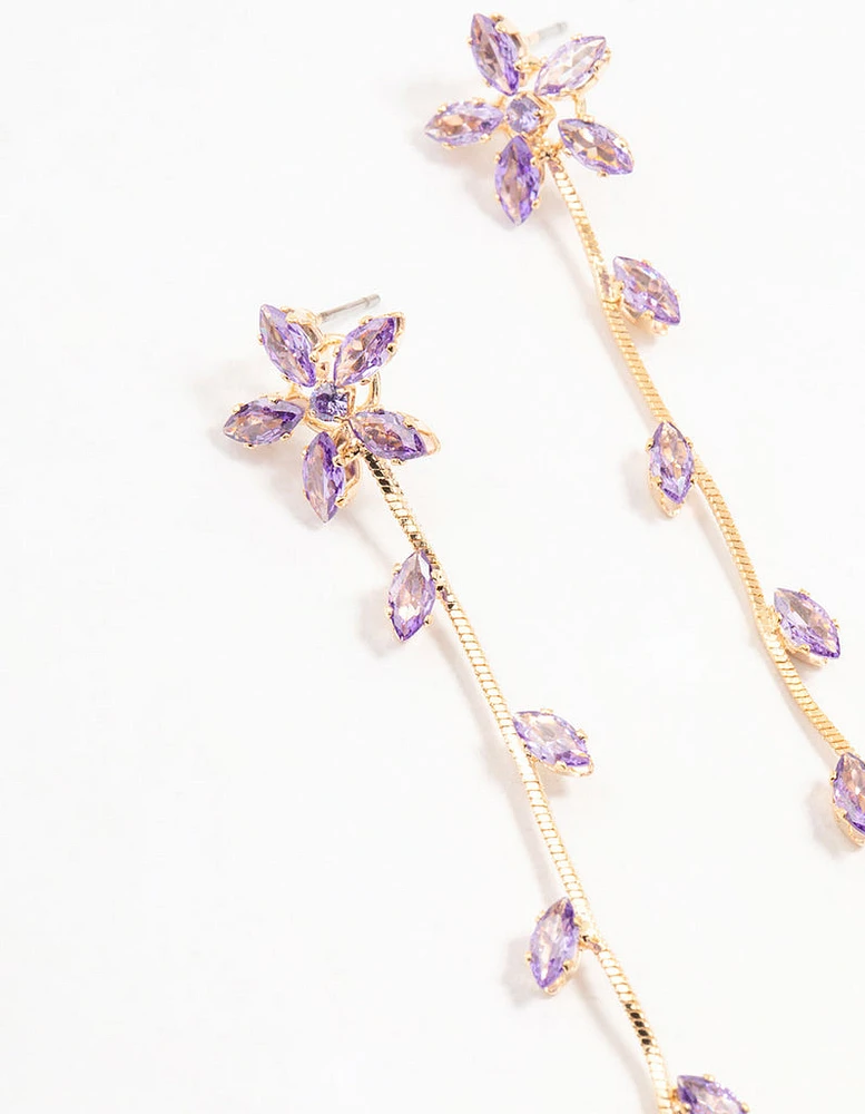 Gold Purple Cubic Zirconia Flower Vine Drop Earrings