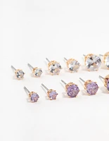 Gold Round Silver & Purple Cubic Zirconia Stud Earrings 6-Pack