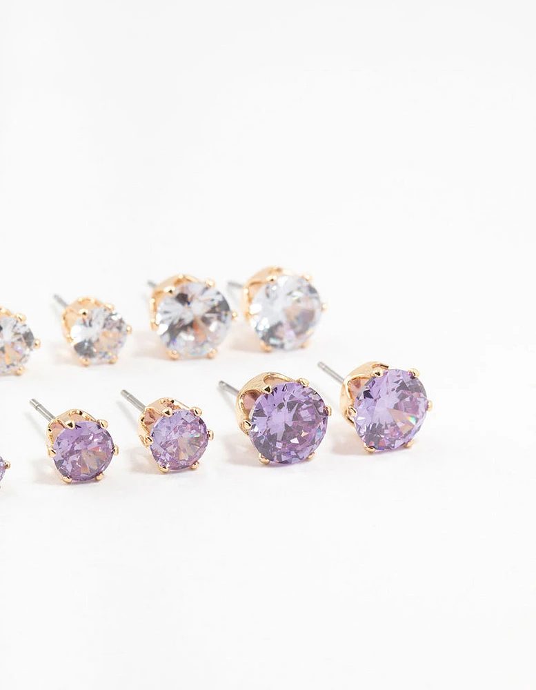 Gold Round Silver & Purple Cubic Zirconia Stud Earrings 6-Pack