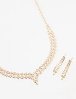 Gold Cubic Zirconia 2 Row Necklace and Earrings Set