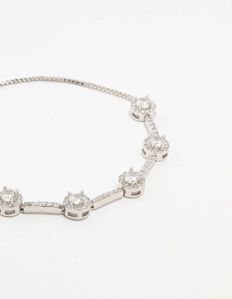 Rhodium Round Cubic Zirconia Halo Toggle Bracelet