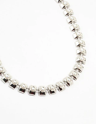 Large Rhodium Pearl Chain Short Necklace