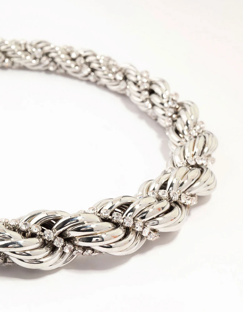 Silver Diamante Twisted Large Short Necklace