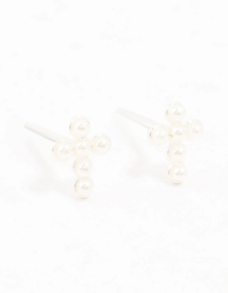 Sterling Silver Pearl Cross Stud Earrings