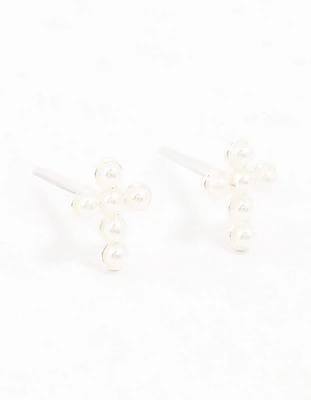 Sterling Silver Pearl Cross Stud Earrings