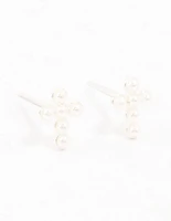 Sterling Silver Pearl Cross Stud Earrings