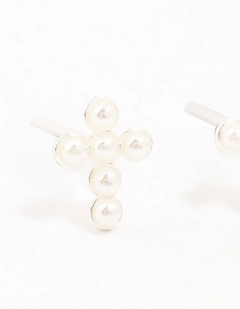 Sterling Silver Pearl Cross Stud Earrings