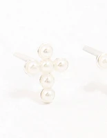 Sterling Silver Pearl Cross Stud Earrings