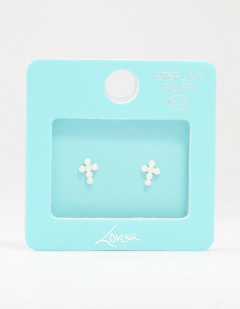 Sterling Silver Pearl Cross Stud Earrings