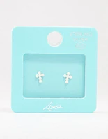 Sterling Silver Pearl Cross Stud Earrings