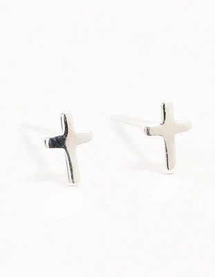 Sterling Silver Clean Cross Stud Earrings