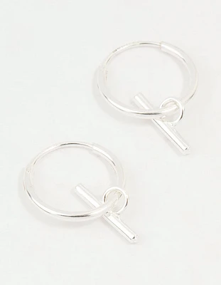 Sterling Silver Clean T Bar Drop Hoop Earrings