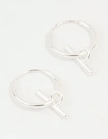 Sterling Silver Clean T Bar Drop Hoop Earrings