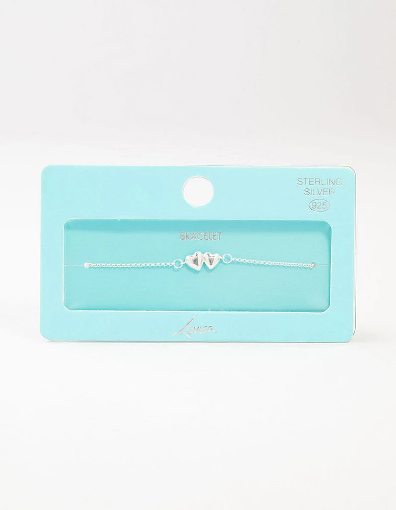 Sterling Silver Paired Puffy Heart Bracelet