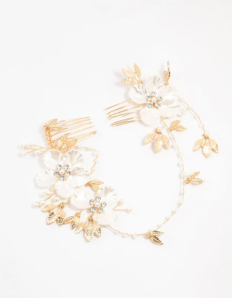 Gold Pearlised Flower Trio Draped Comb Head Piece