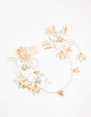 Gold Pearlised Flower Trio Draped Comb Head Piece