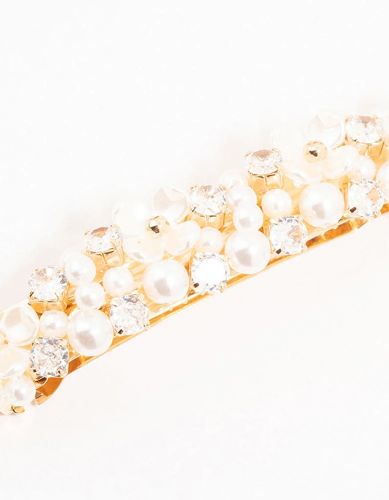 Pearl & Cubic Zirconia Flower Gold Hair Clip