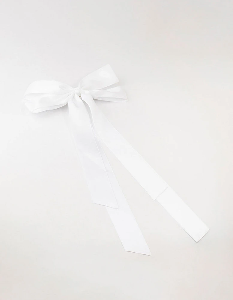 White Fabric Oversized Ribbon Bow Clip