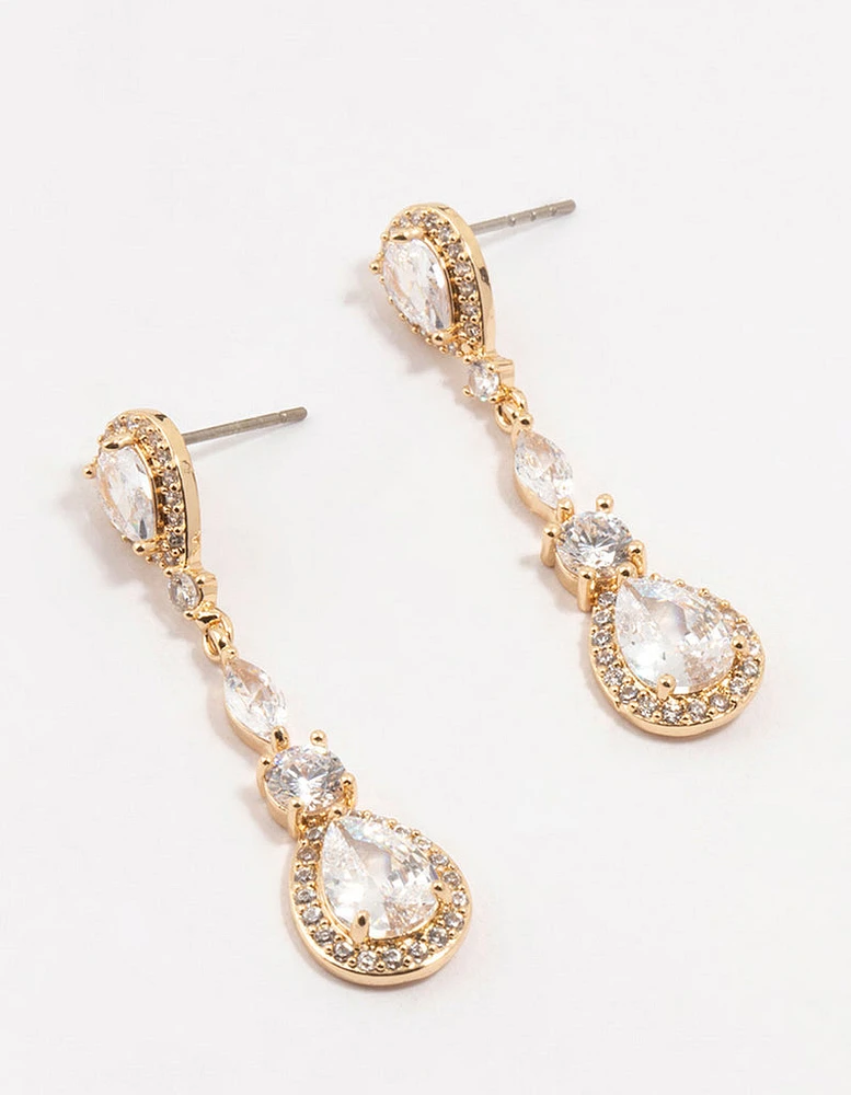 Gold Cubic Zirconia Pear Halo Drop Earrings