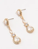 Gold Cubic Zirconia Pear Halo Drop Earrings