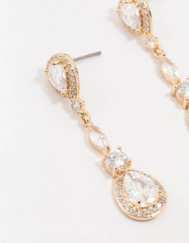 Gold Cubic Zirconia Pear Halo Drop Earrings