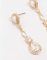 Gold Cubic Zirconia Pear Halo Drop Earrings