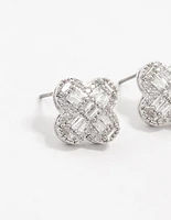 Rhodium Paved Flower Stud Earrings