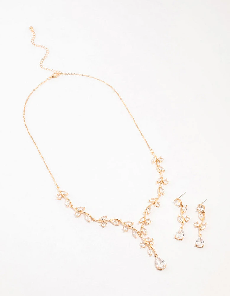 Gold Creeping Crystal Vine Necklace & Earrings Set