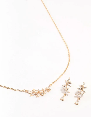 Gold Dainty Sparkle Flower Earrings & Necklace Set