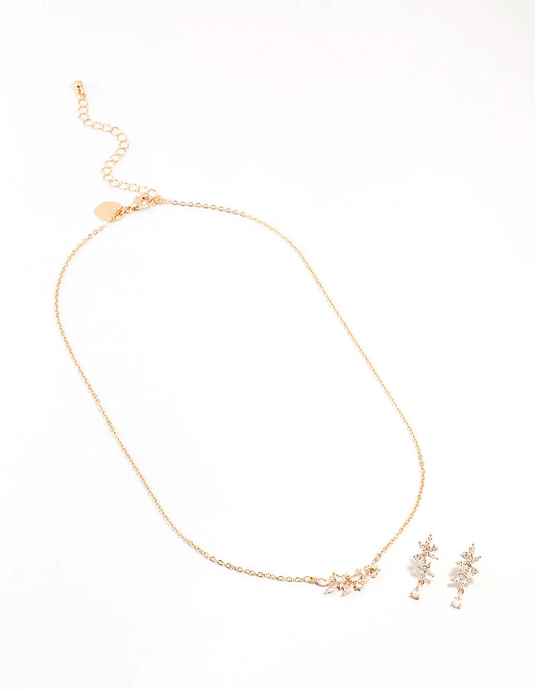 Gold Dainty Sparkle Flower Earrings & Necklace Set