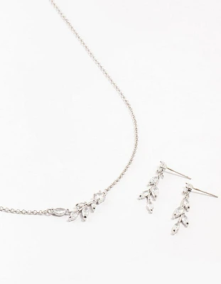 Rhodium Olive Branch Necklace & Earrings Set